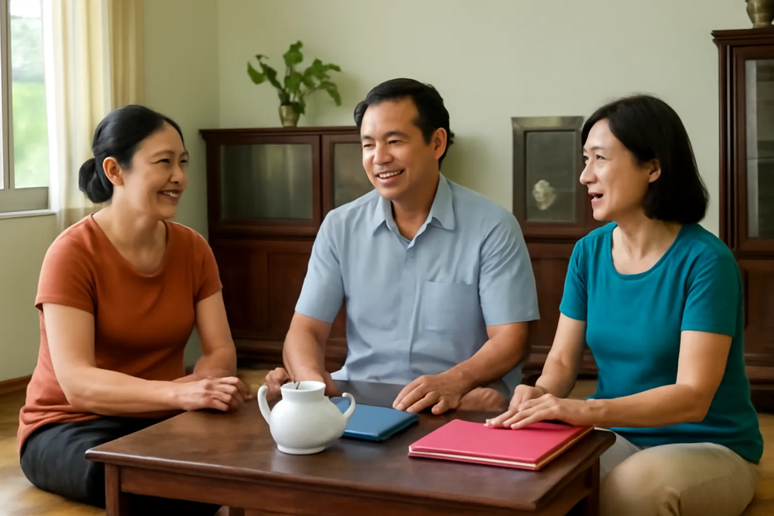Ba anh chị em trung niên ngồi quanh bàn uống nước trong phòng khách căn nhà cũ của cha mẹ
