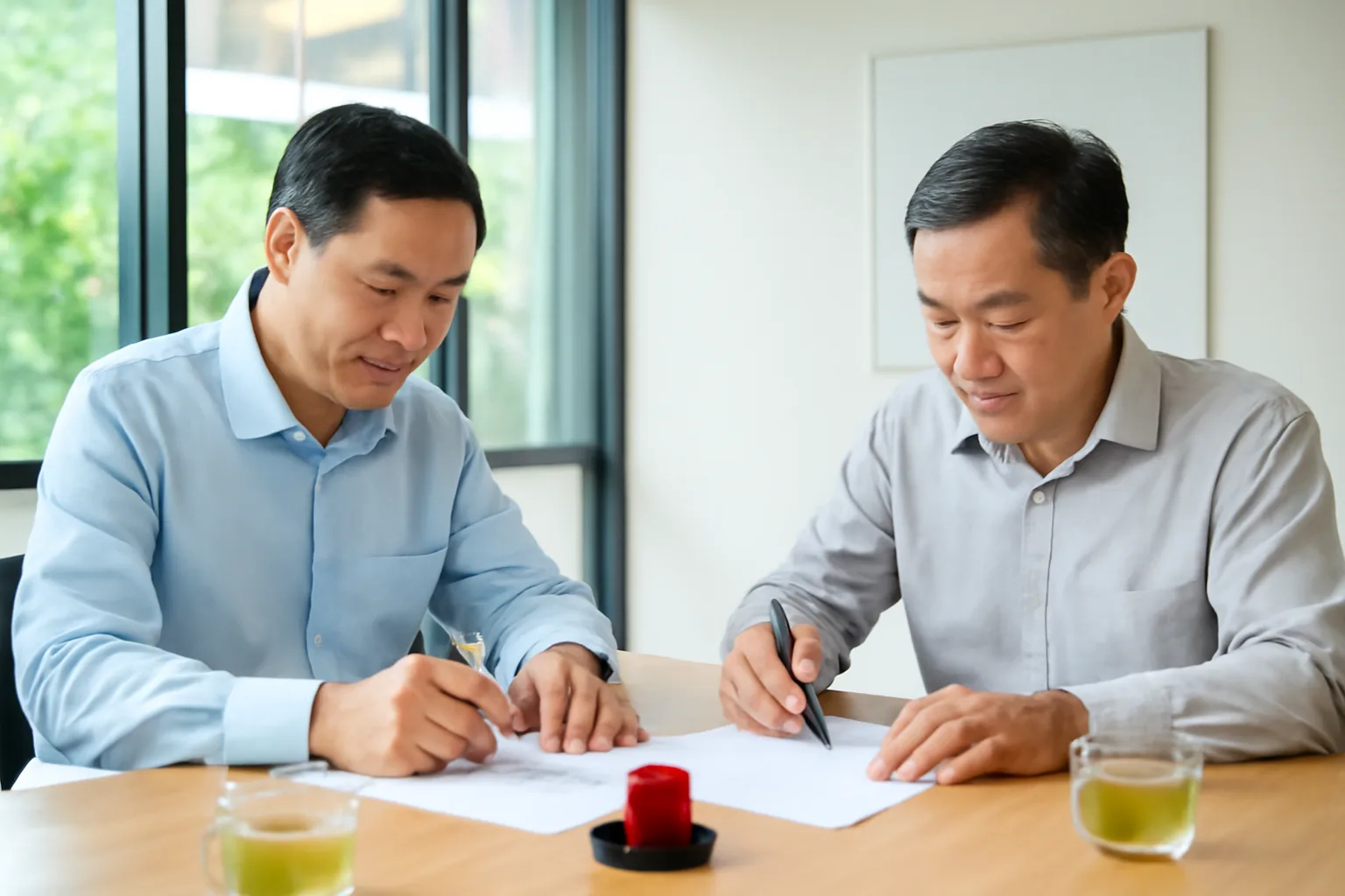 Hai người đàn ông trung niên ký giấy tờ chuyển nhượng vốn trong phòng họp nhỏ