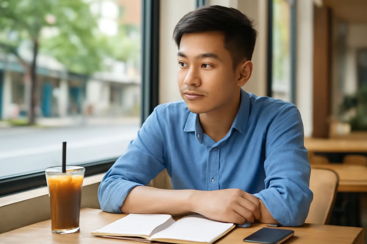 Nhà đầu tư trẻ ngồi bên cửa sổ quán cà phê cầm điện thoại, bên cạnh là sổ tay và bút