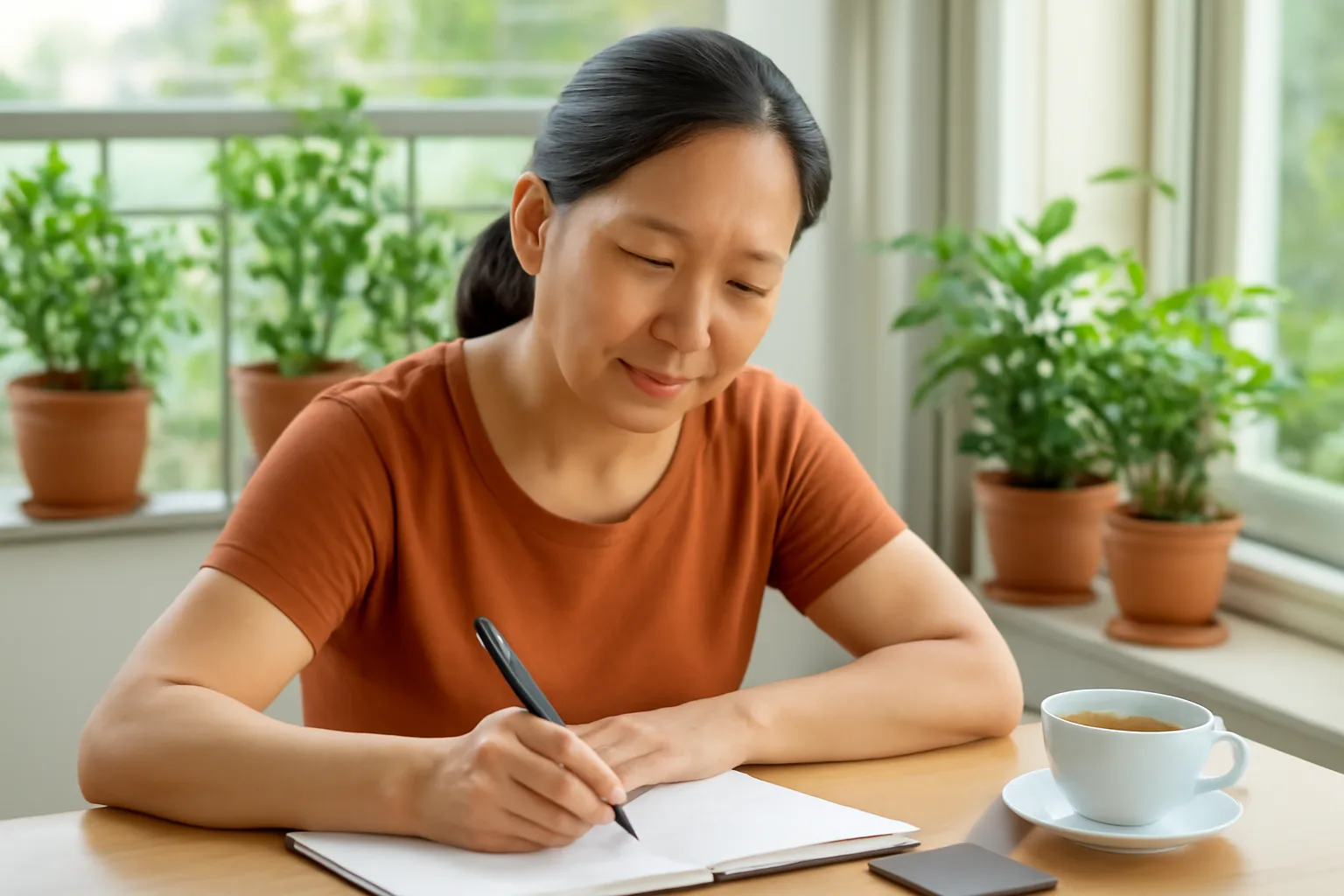 Người phụ nữ trung niên xem lại sổ ghi chép đầu tư bên cốc trà tại bàn làm việc ở nhà