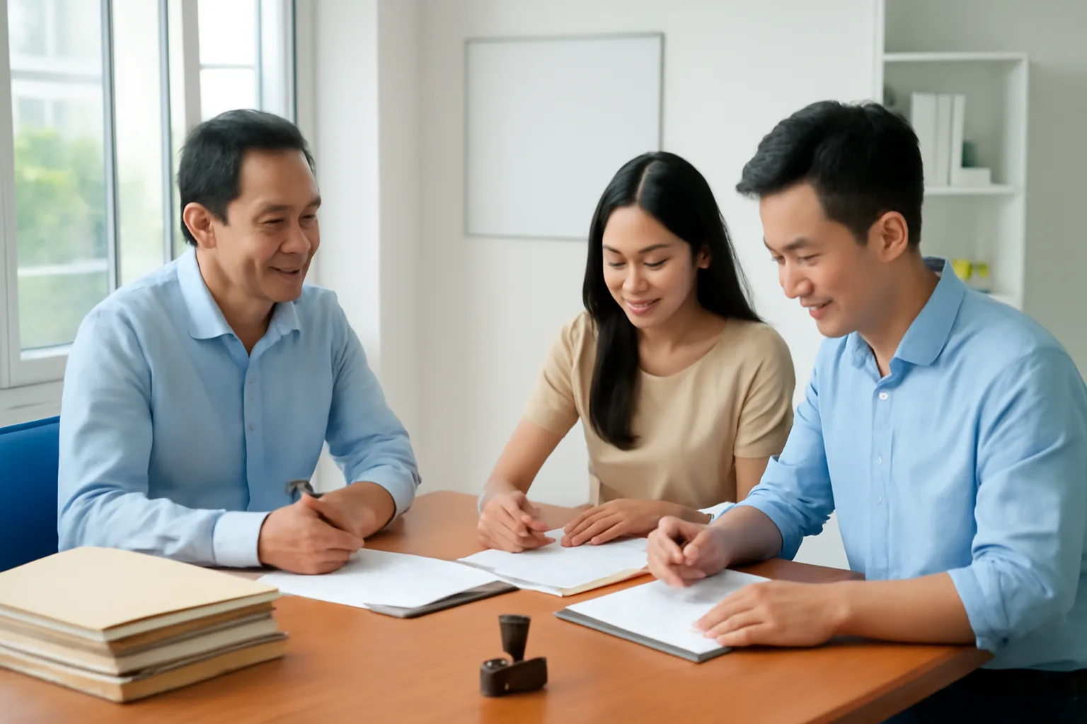 Người mua và người bán nhà ngồi đối diện ký giấy tờ tại văn phòng công chứng