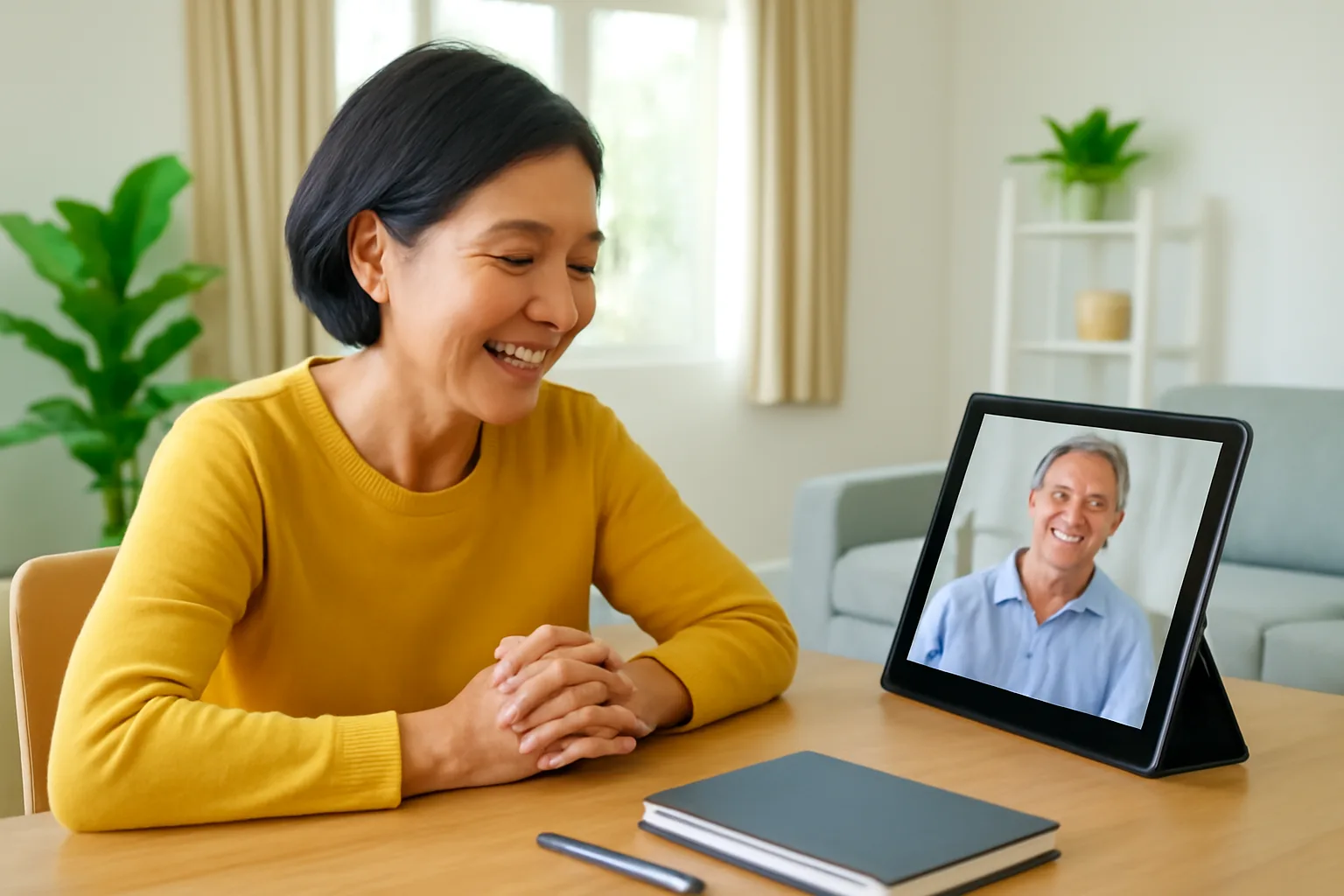 Người phụ nữ gọi video cho chồng ở nước ngoài bên xấp hồ sơ bán nhà