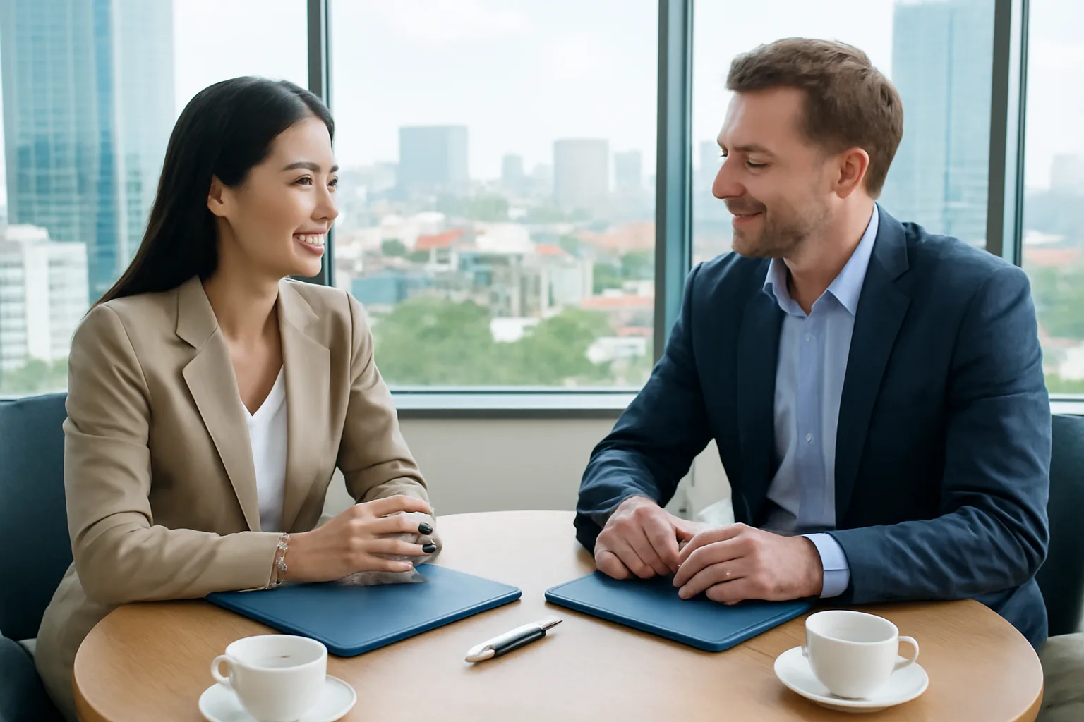 Nhà sáng lập công ty Việt Nam và đối tác nước ngoài trao đổi hồ sơ trong phòng họp nhỏ