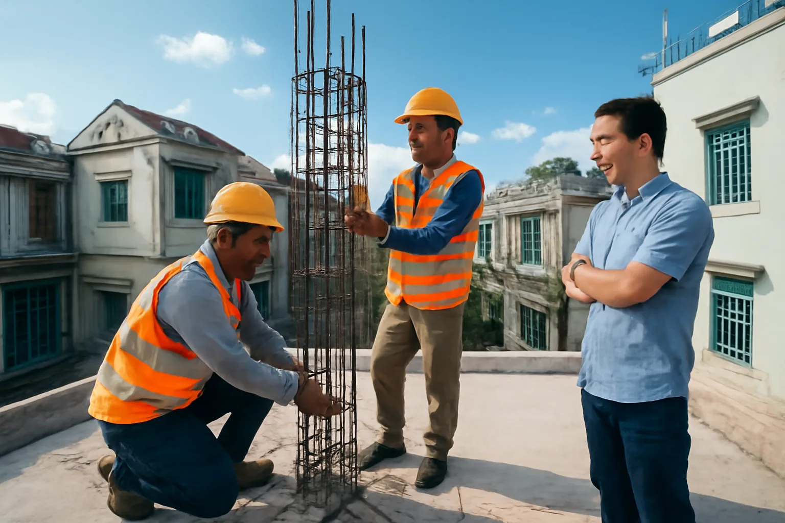 Thợ xây đang dựng cột thép cho tầng mới trên mái một căn nhà phố cũ