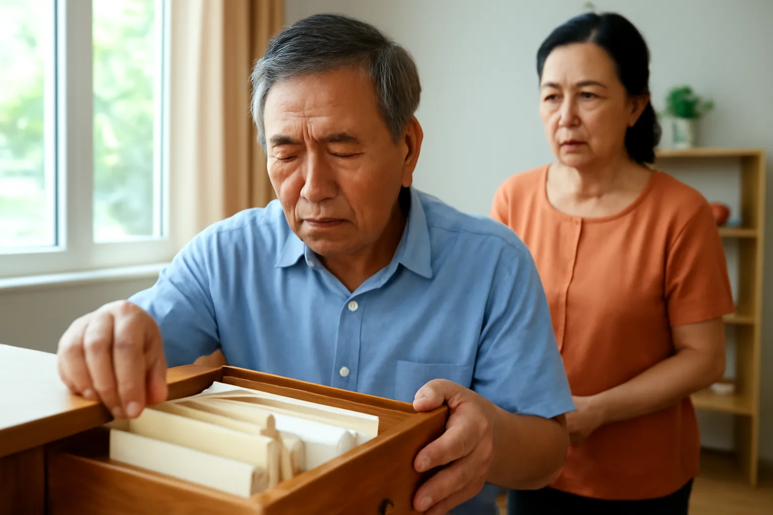 Người đàn ông lục tìm giấy tờ trong ngăn tủ gỗ ở nhà, vẻ lo lắng