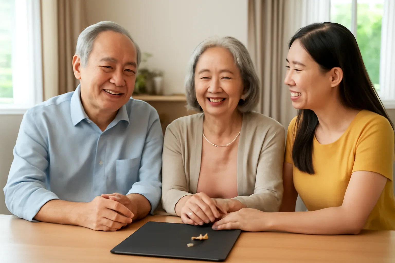 Cha mẹ lớn tuổi và con gái ngồi cùng bàn ăn trong nhà, trên bàn có bìa hồ sơ và chùm chìa khoá