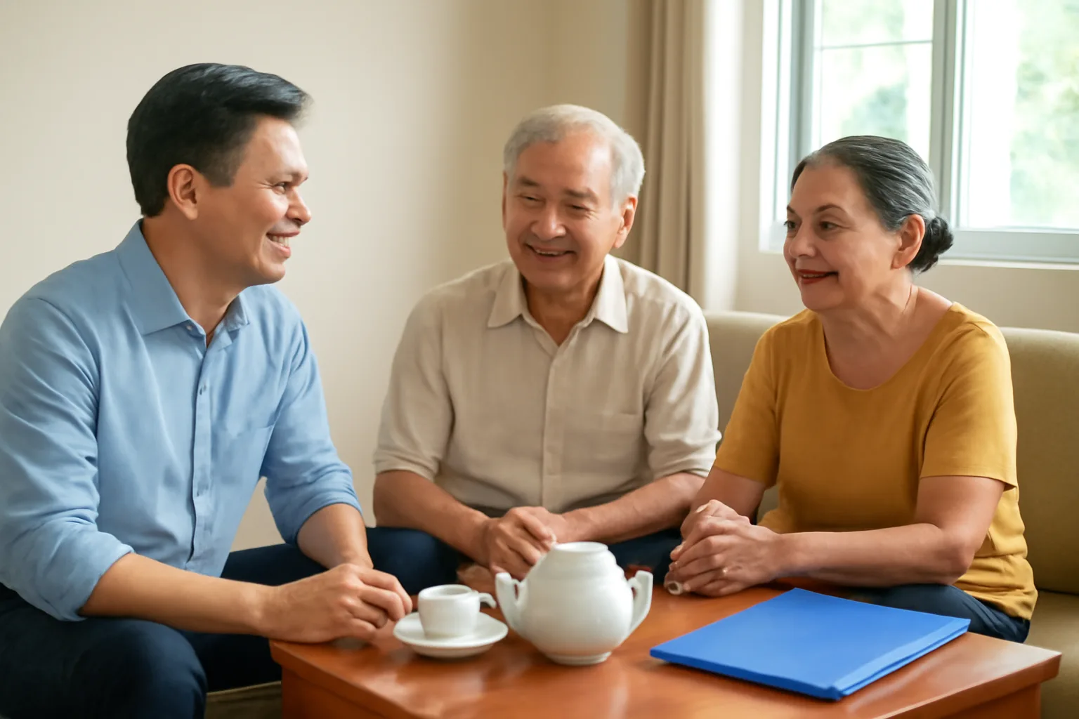 Cha mẹ lớn tuổi và con trai trưởng thành ngồi quanh bàn uống trà bàn chuyện sang tên nhà