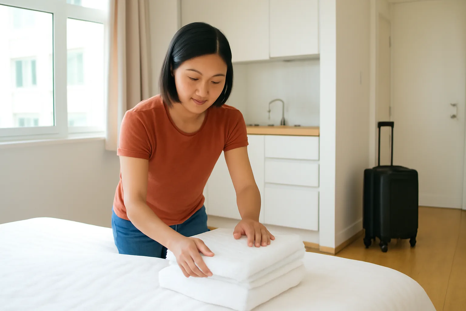 Chủ nhà chuẩn bị khăn và ga giường mới trong căn hộ nhỏ cho khách thuê theo đêm