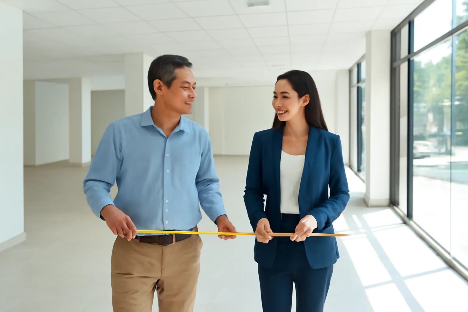 Chủ nhà và đại diện công ty đứng trước mặt bằng tầng trệt trống đang chuẩn bị cho thuê
