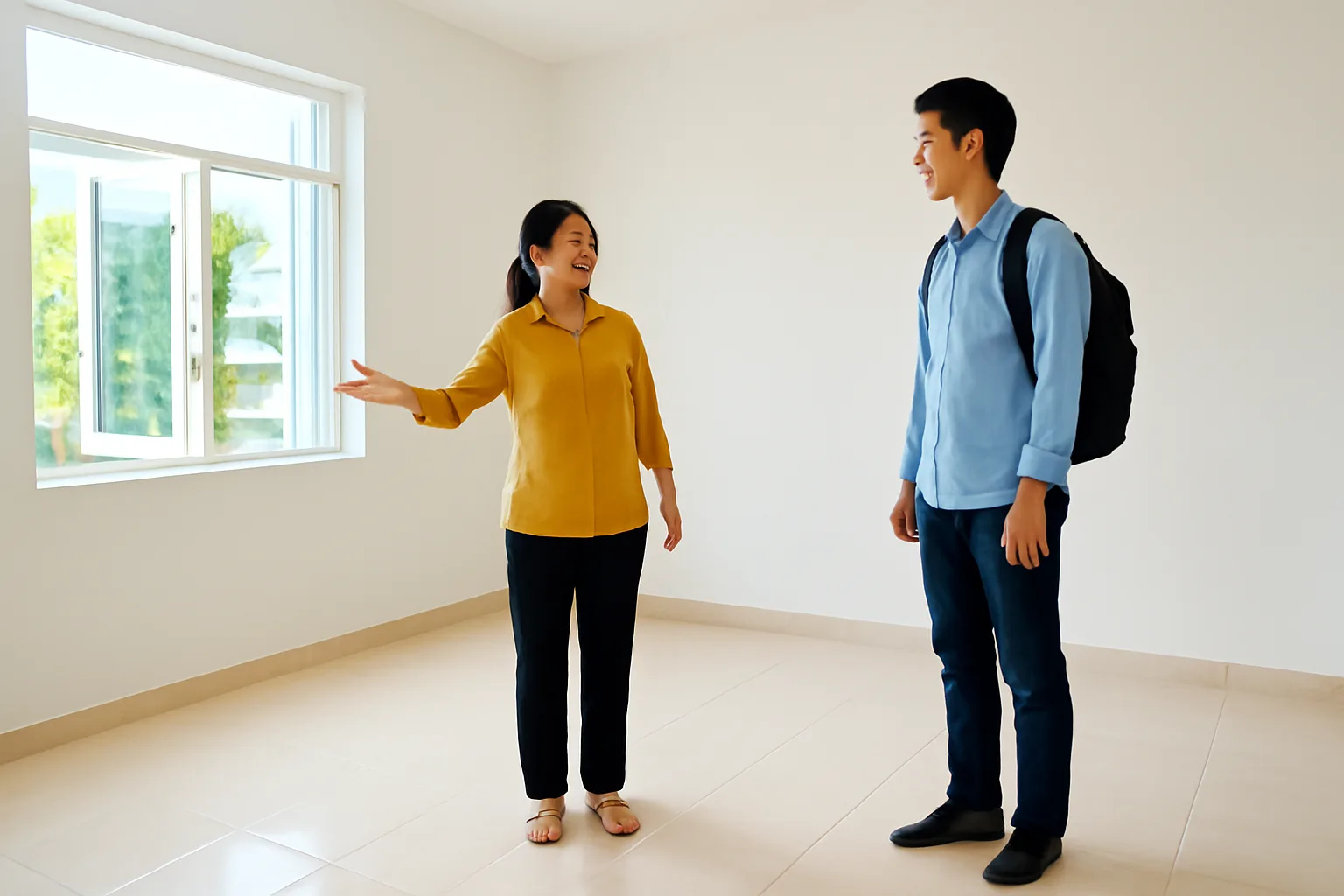 Chủ nhà trung niên dẫn người thuê trẻ xem căn phòng trống sáng sủa