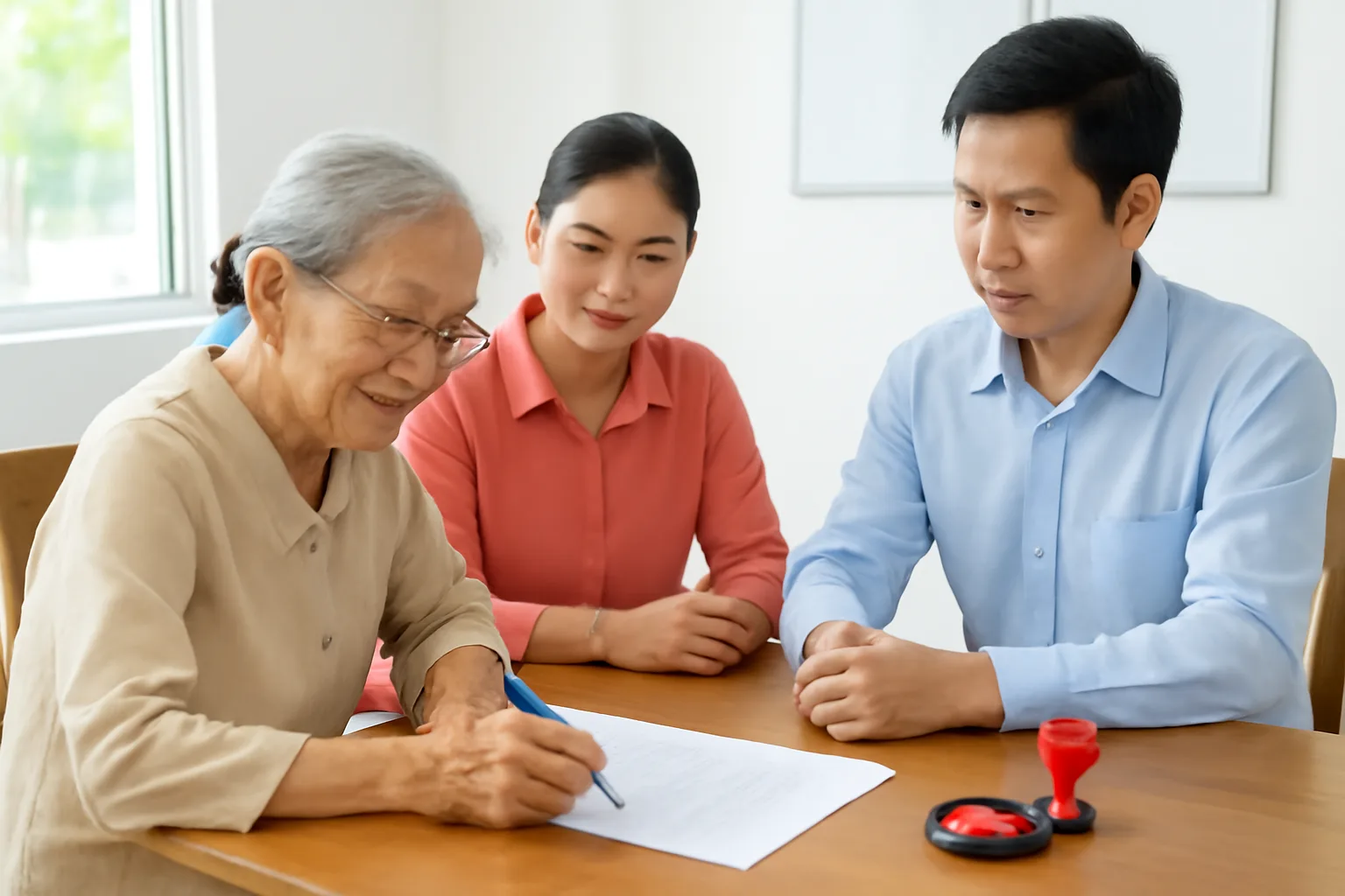 Hai người ký hợp đồng trước cán bộ tư pháp tại bàn làm việc của uỷ ban nhân dân phường