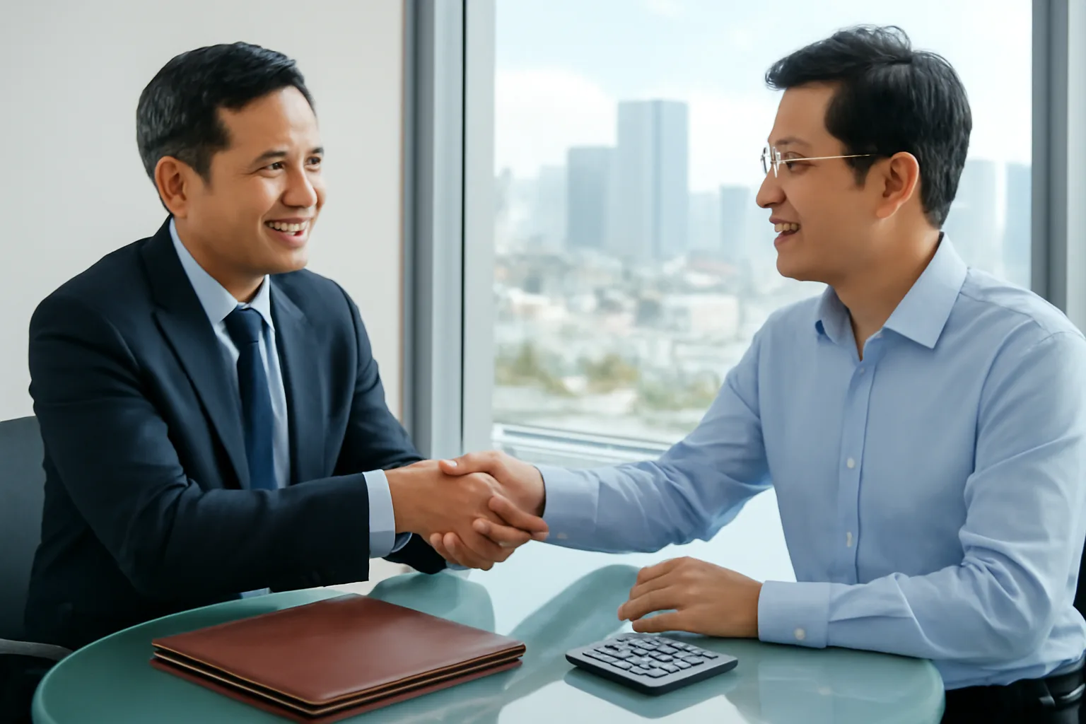 Hai thành viên công ty bắt tay trong phòng họp nhỏ sau khi thống nhất chuyển nhượng vốn