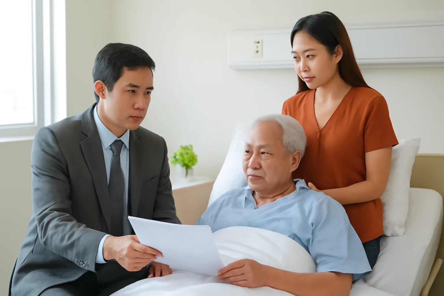Công chứng viên ngồi bên giường bệnh giải thích giấy tờ cho người cao tuổi và con gái