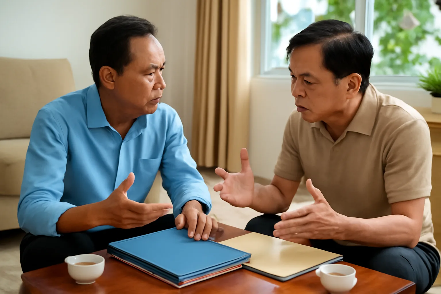 Hai người đàn ông trung niên trao đổi căng thẳng bên bàn trà có xấp hồ sơ đóng kín