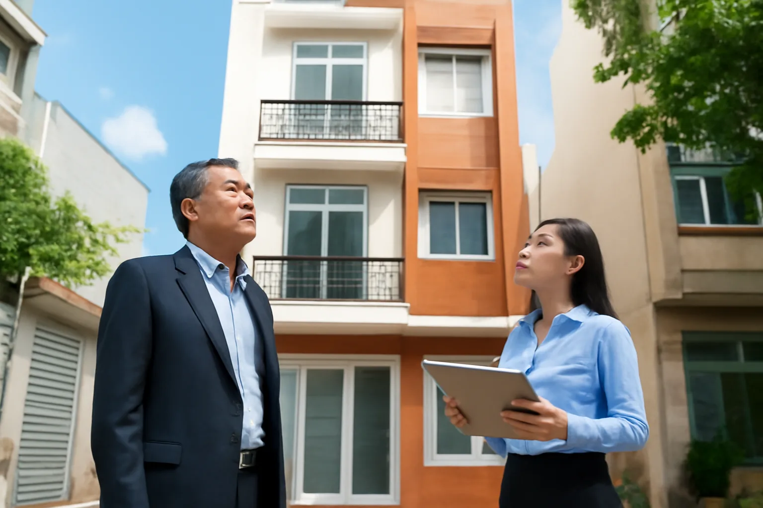Chủ nhà và kế toán công ty đứng trước căn nhà phố dự định góp vốn làm trụ sở