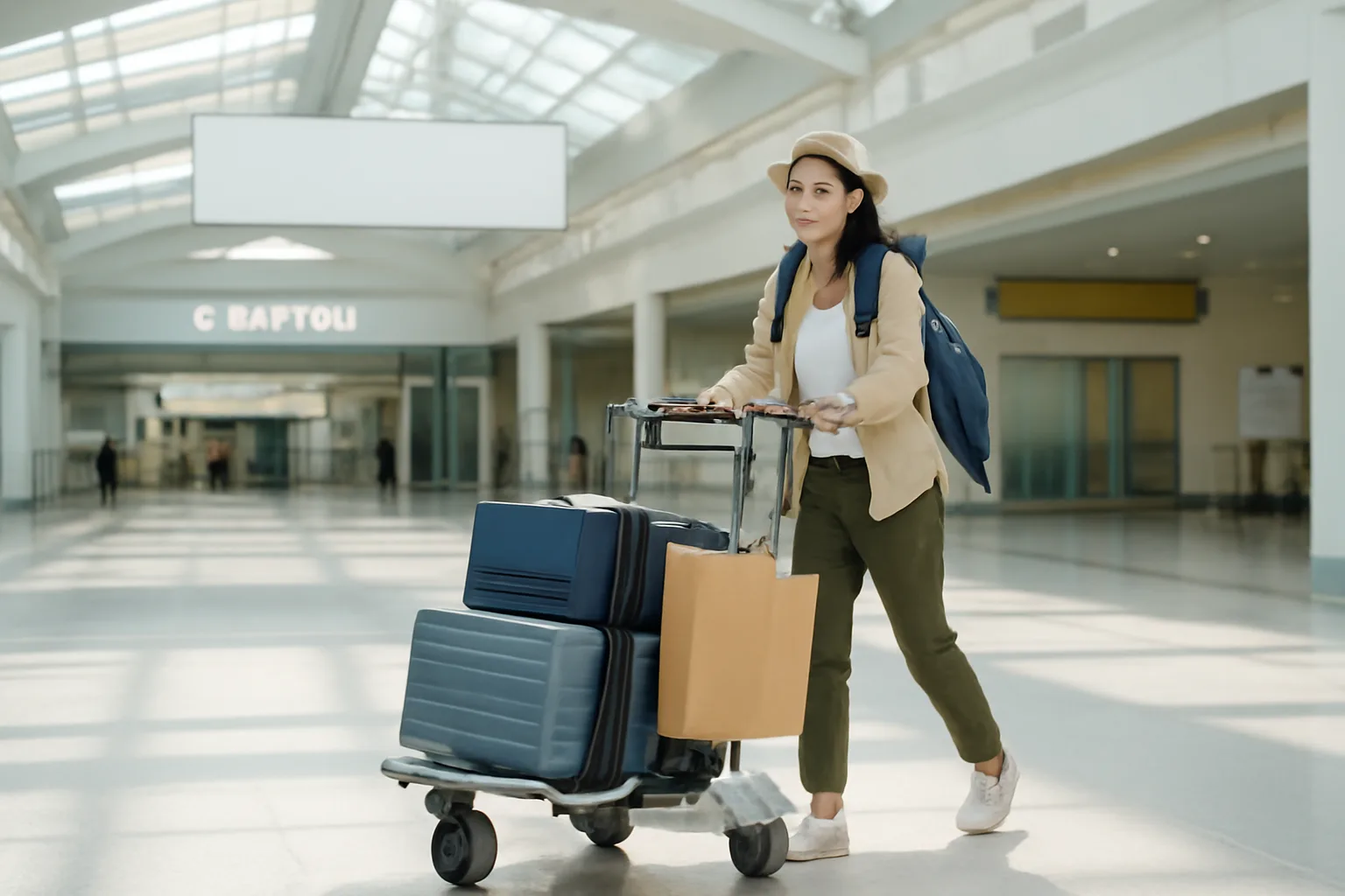 Hành khách đẩy xe hành lý có vali và túi mua sắm qua khu vực hải quan sân bay
