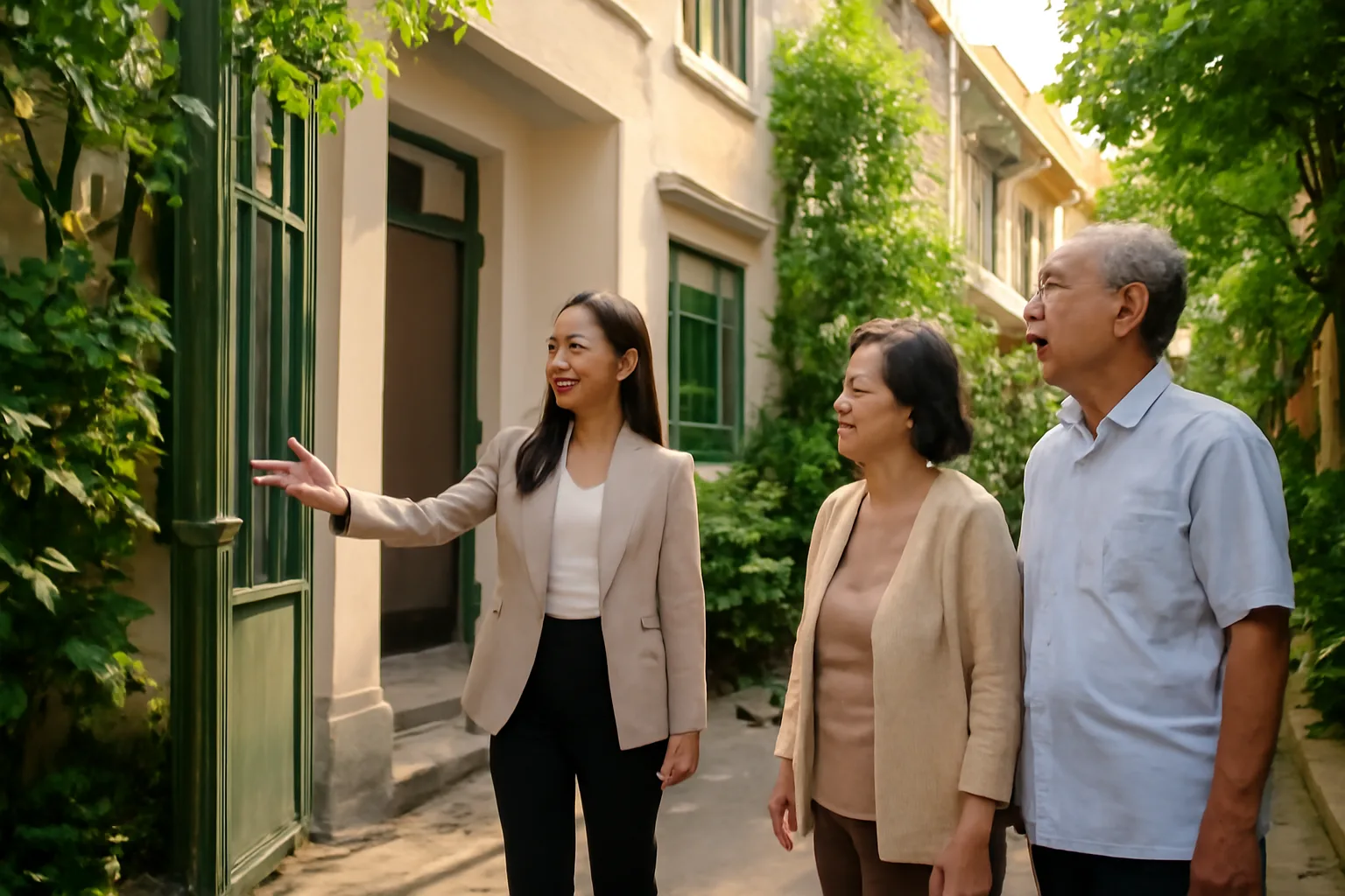 Người phụ nữ trẻ dẫn khách đi xem căn nhà phố đang rao bán trong con hẻm yên tĩnh