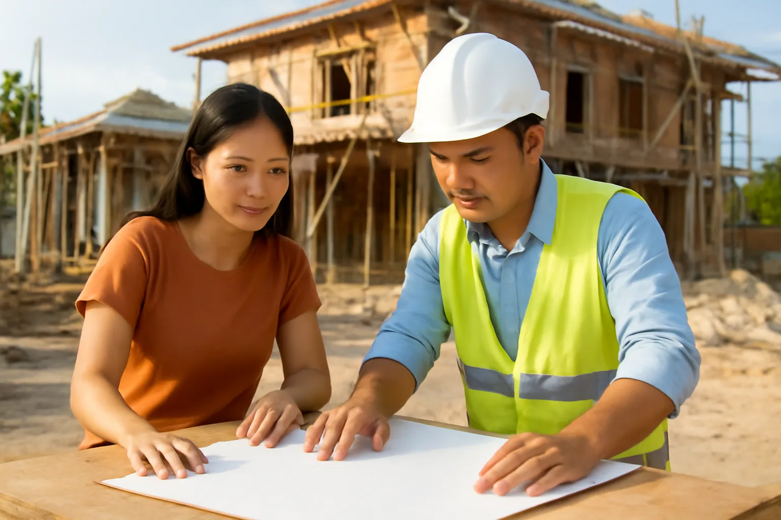 Chủ nhà và kỹ sư công ty xây dựng cùng xem bản vẽ tại công trường nhà ở đang thi công