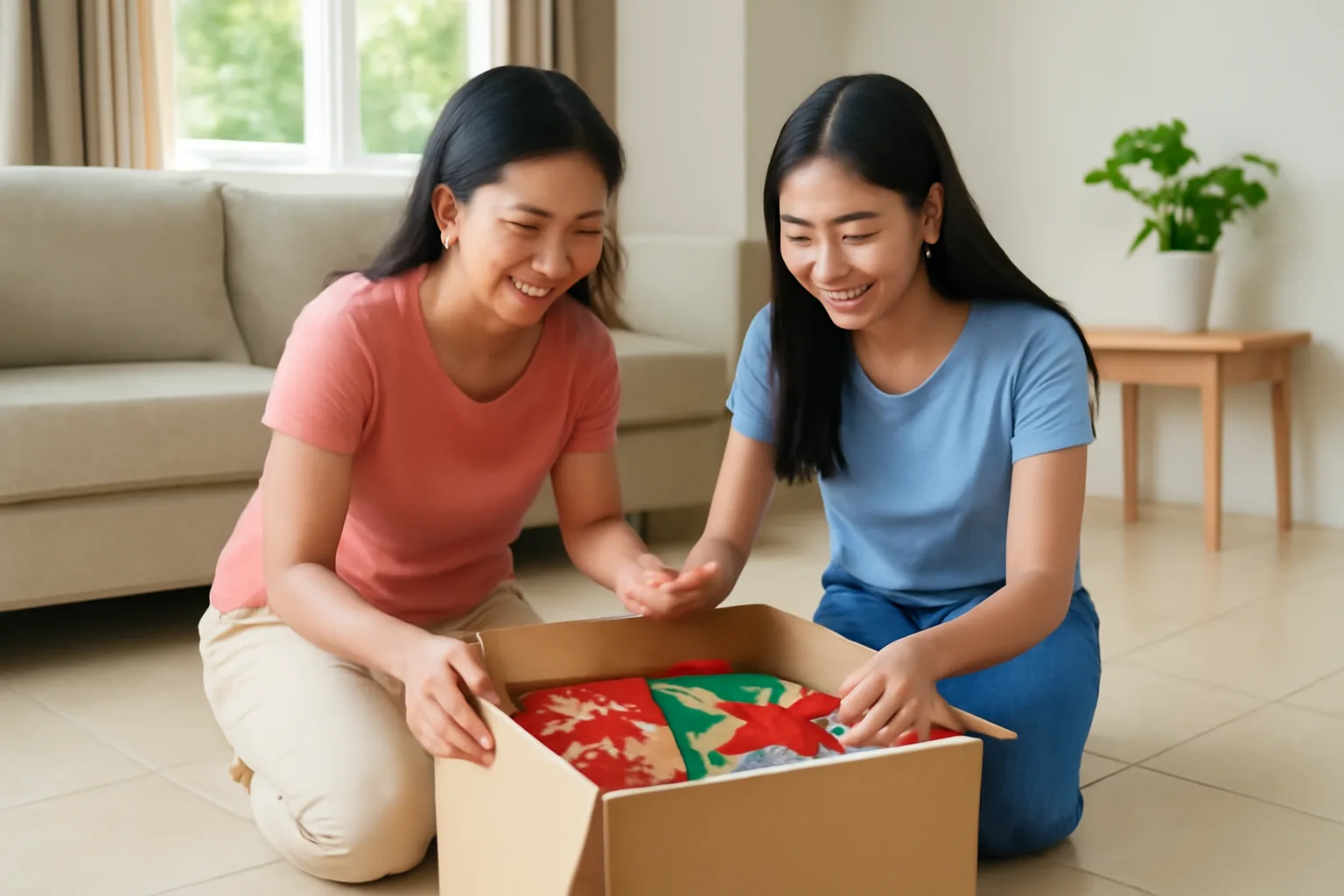 Người mẹ mở thùng quà gửi từ nước ngoài trên sàn phòng khách cùng con gái