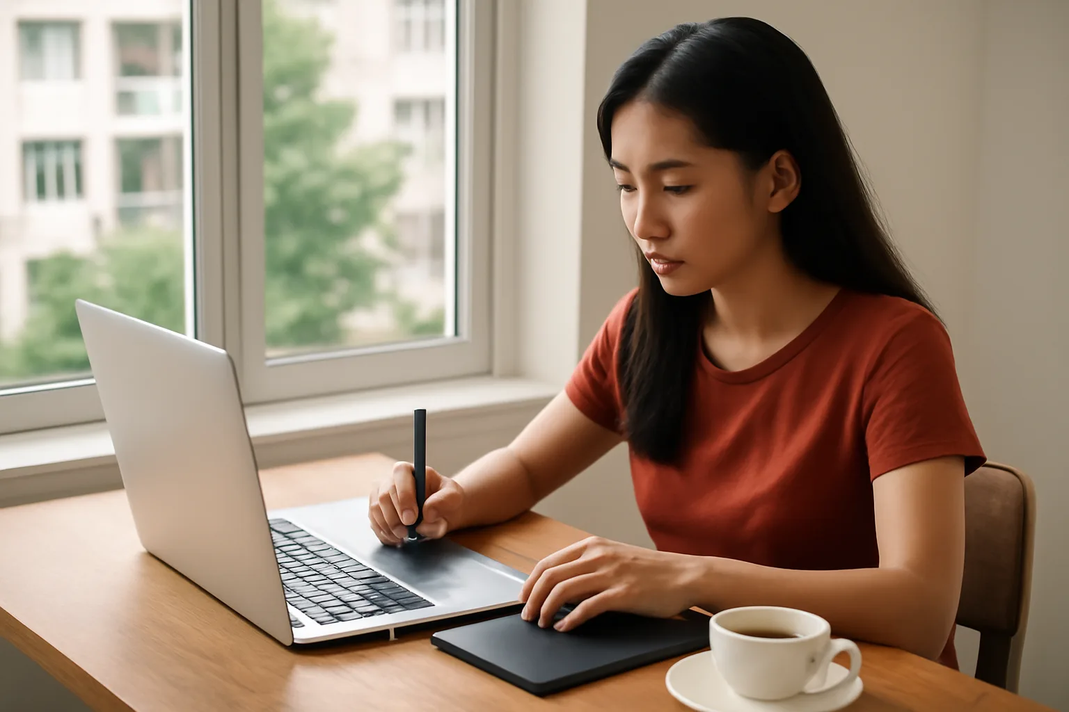 Nhà thiết kế tự do làm việc với máy tính xách tay tại bàn gỗ gần cửa sổ căn hộ