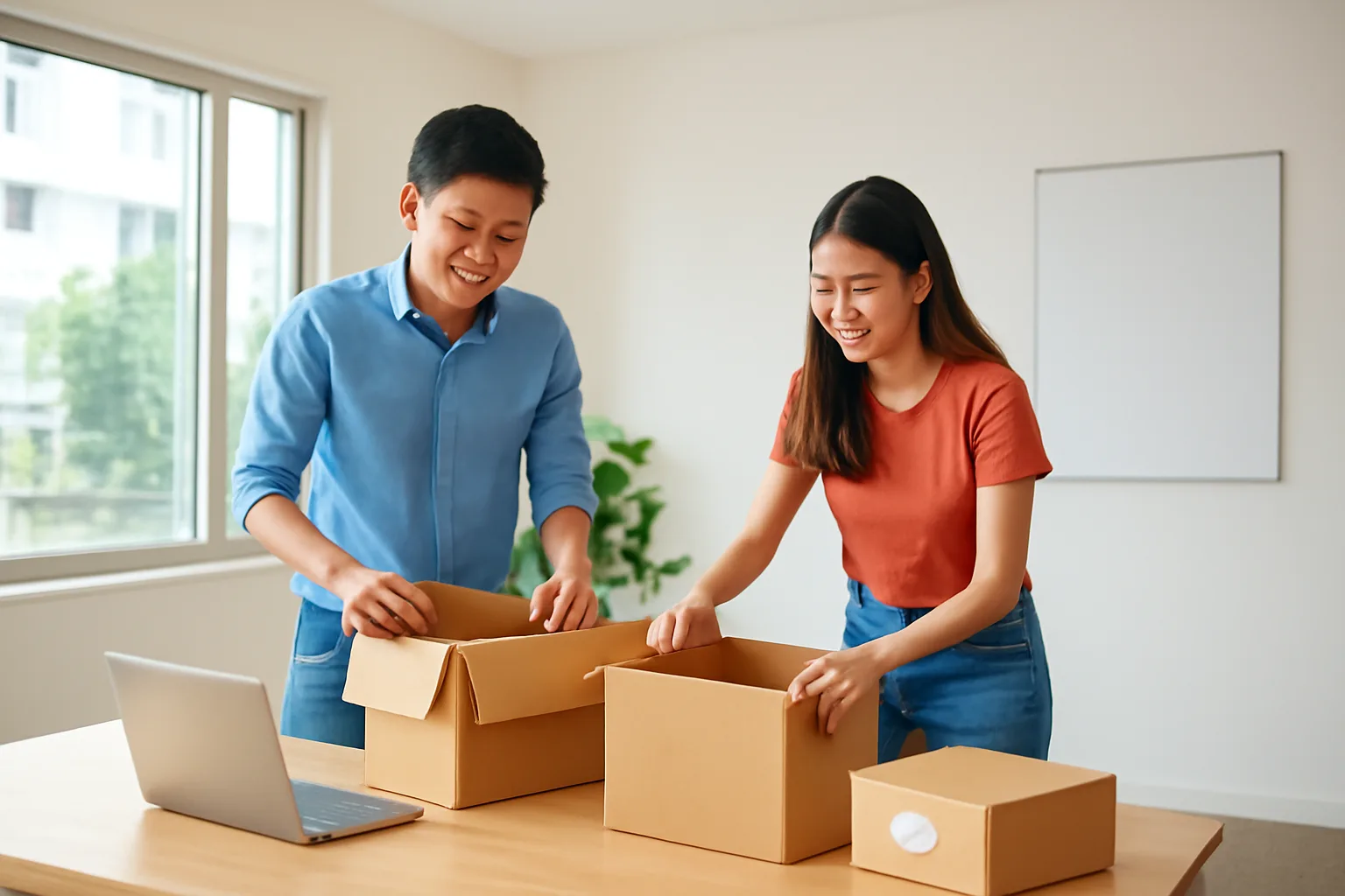 Hai nhà sáng lập trẻ ngồi trong văn phòng nhỏ mới thuê, bàn còn thùng các tông chưa mở
