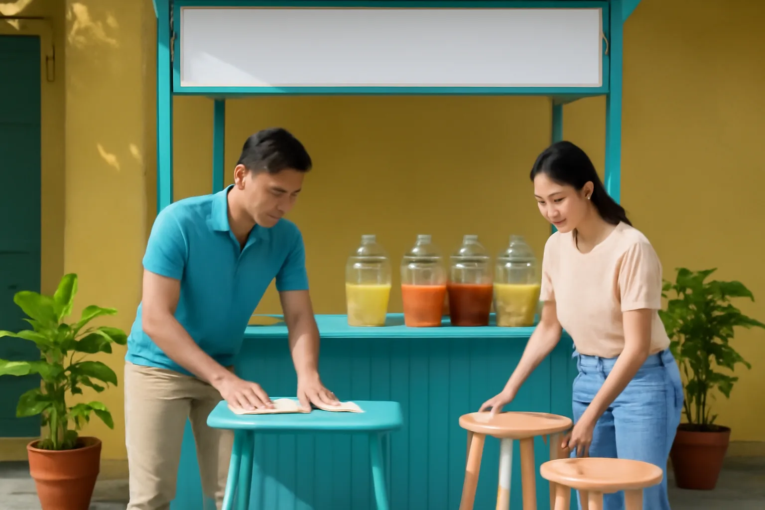 Hai vợ chồng trẻ lau quầy và xếp ghế trong quán nước nhỏ chuẩn bị khai trương