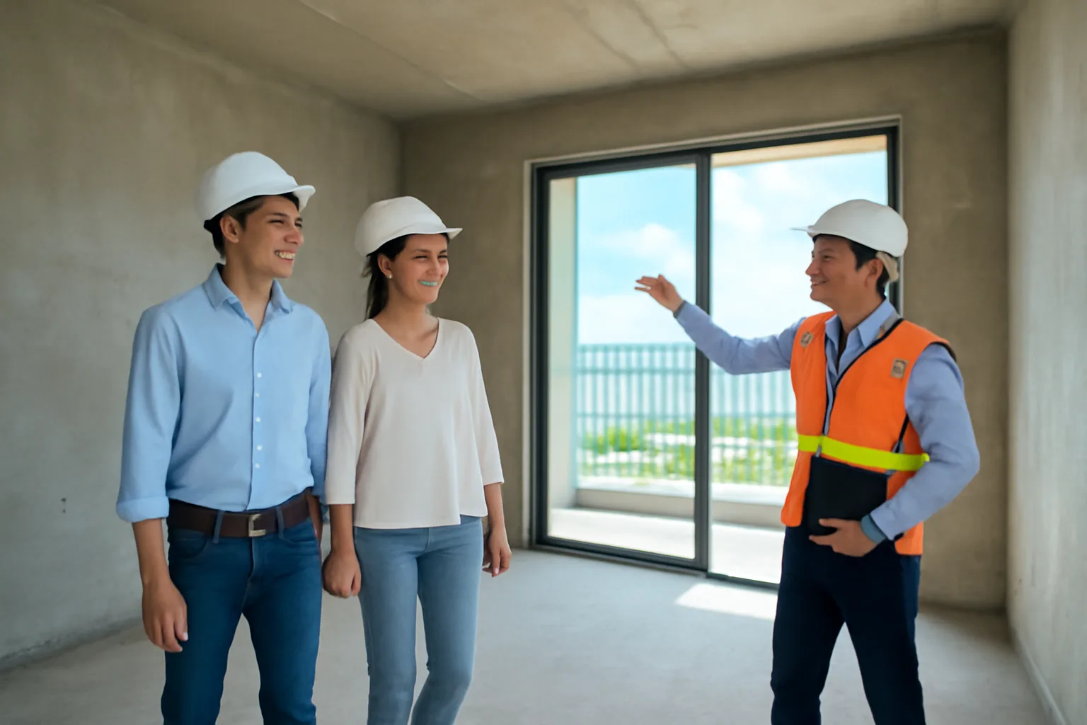 Cặp vợ chồng trẻ đội mũ bảo hộ đi xem căn hộ đang hoàn thiện cùng nhân viên chủ đầu tư