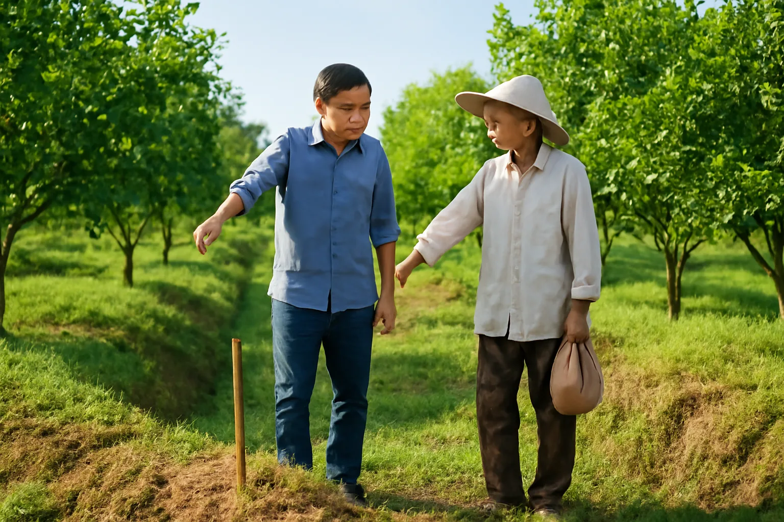 Người mua đất và chủ vườn đứng trên bờ ruộng xem ranh giới thửa đất nông nghiệp