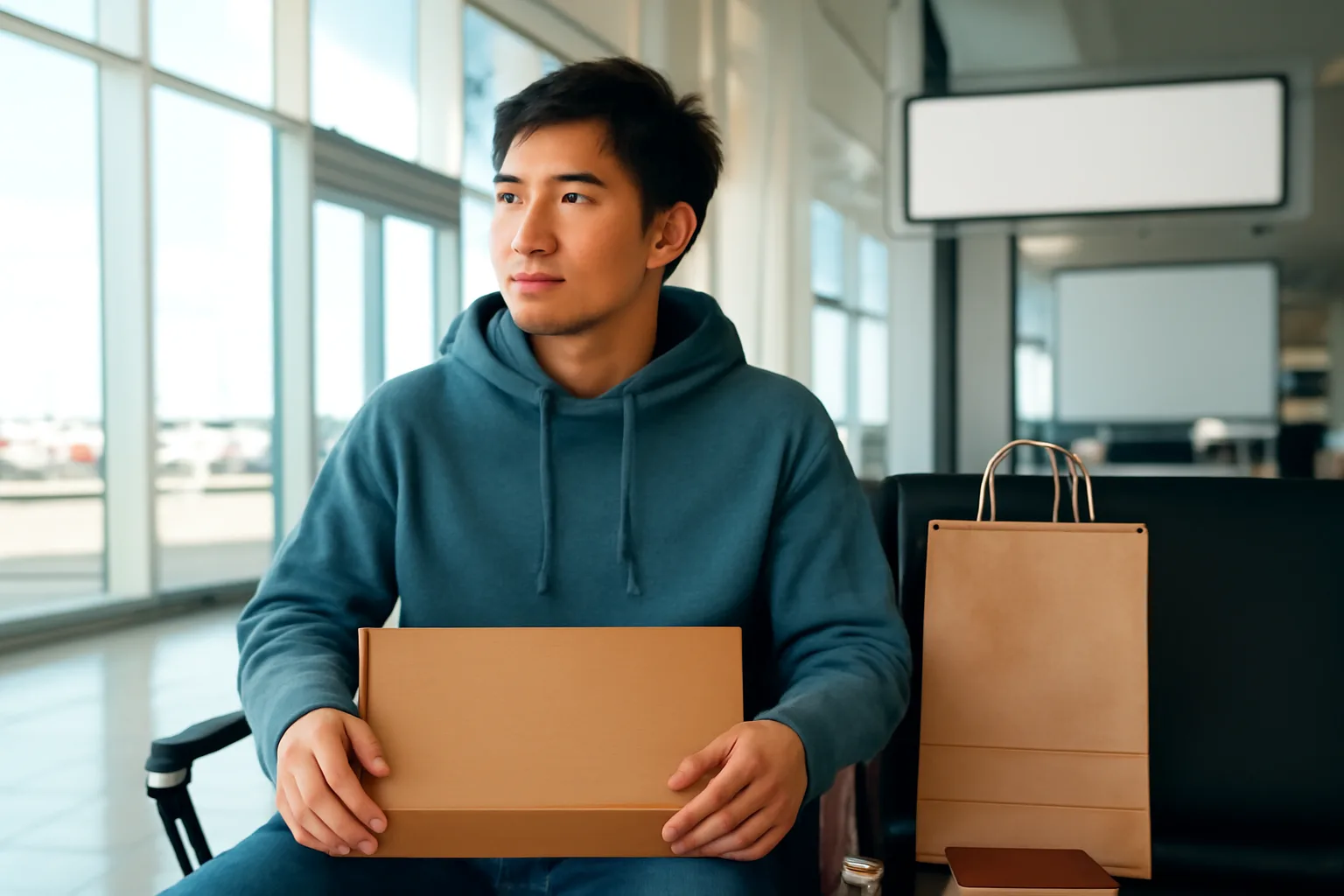 Người đàn ông trẻ cầm hộp máy tính xách tay mới ở sảnh chờ sân bay