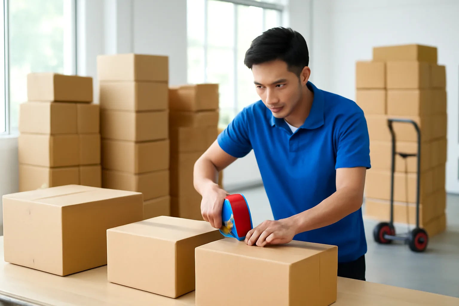 Nhân viên kho đóng gói các kiện hàng quốc tế vừa về trên bàn đóng hàng trong kho nhỏ