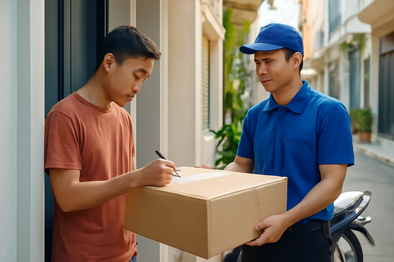 Người nhận ký nhận gói hàng quốc tế từ nhân viên giao hàng trước cửa nhà phố