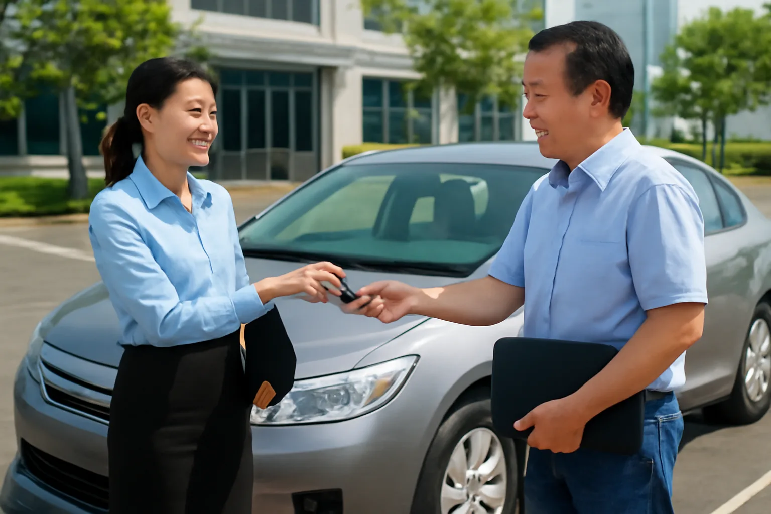 Nhân viên công ty bàn giao chìa khoá chiếc ô tô cũ cho người mua tại bãi đỗ xe văn phòng