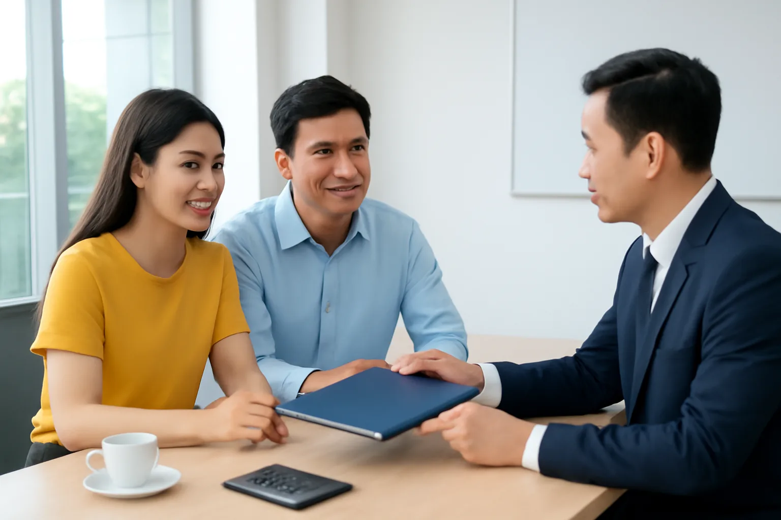 Đôi vợ chồng trẻ ngồi cùng nhân viên tín dụng xem hồ sơ vay mua nhà