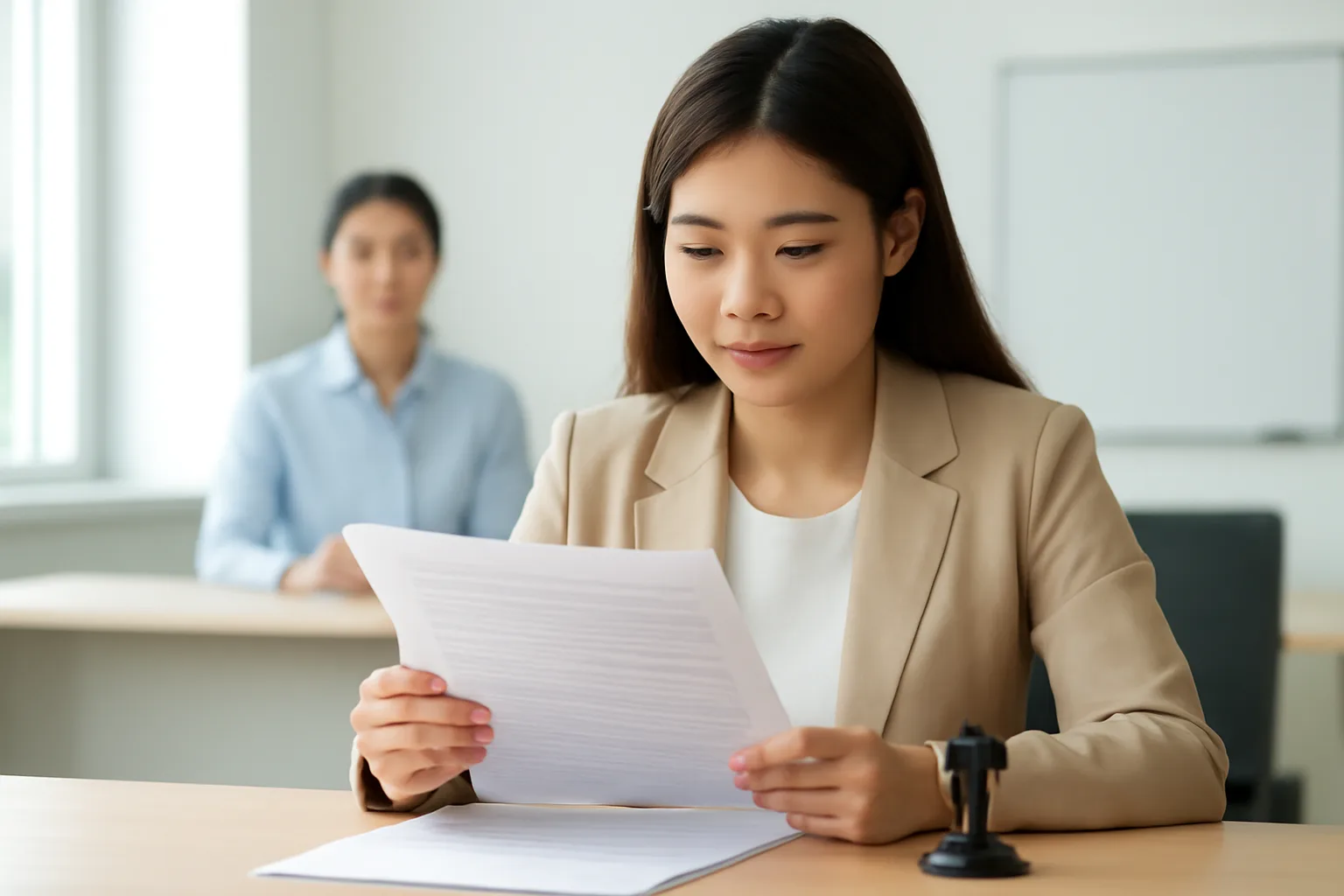 Người mua nhà trẻ đọc kỹ hợp đồng tại bàn văn phòng công chứng sáng sủa