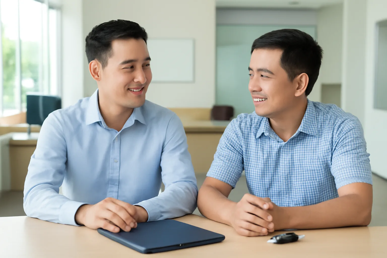 Người mua và người bán ô tô cũ cùng ngồi trao đổi tại quầy giao dịch ngân hàng