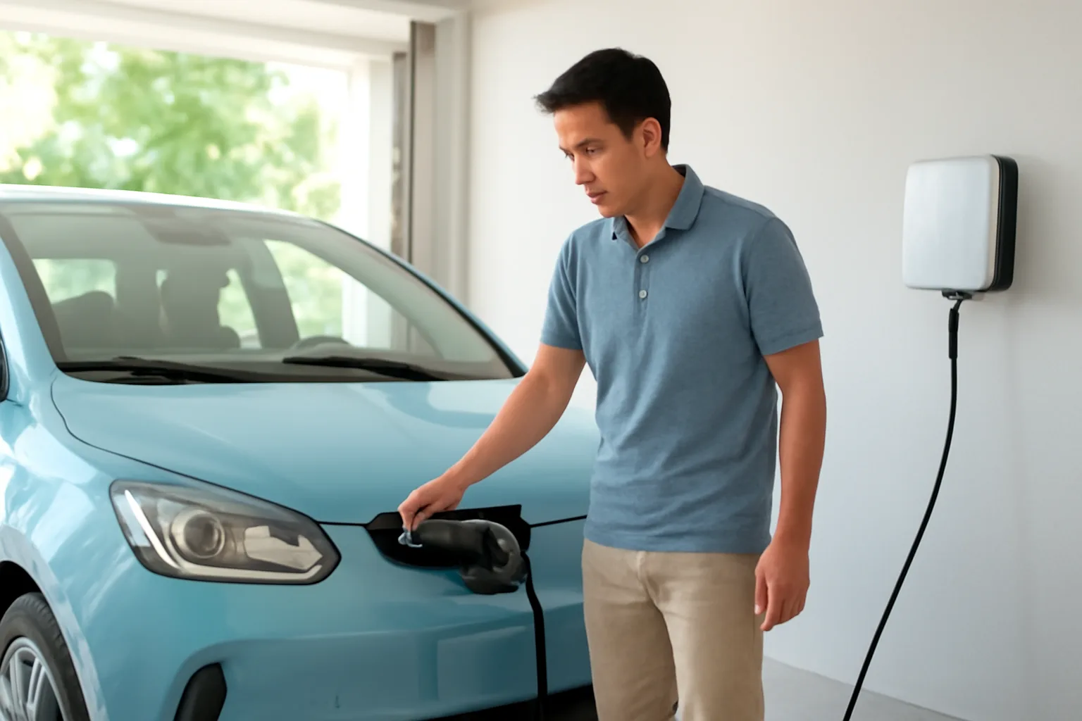Người mua xe cắm sạc cho chiếc ô tô điện tại nhà để xe của gia đình vào buổi sáng