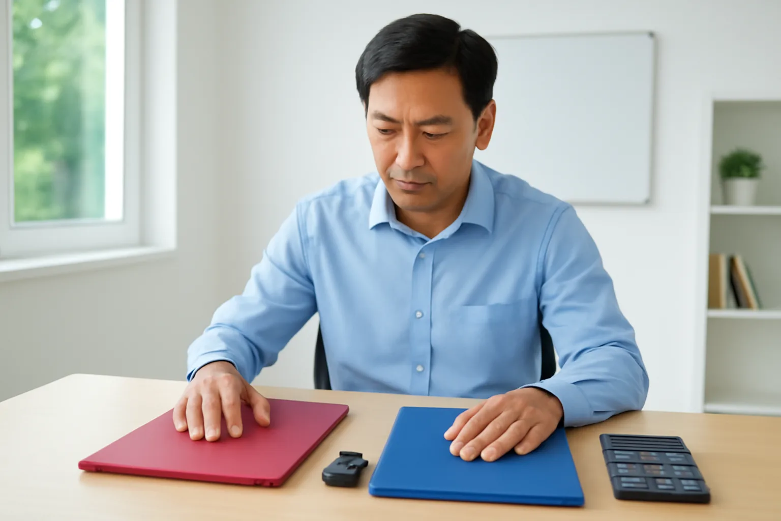 Chủ doanh nghiệp nhỏ cân nhắc hai phương án mua xe bên bàn làm việc cạnh cửa sổ