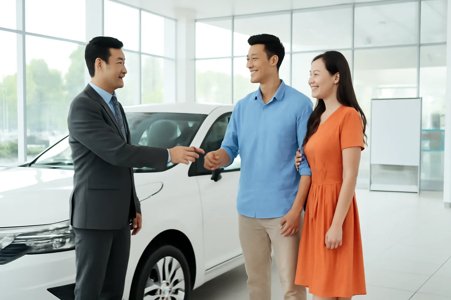 Người mua xe và nhân viên đại lý cùng xem xét chiếc ô tô mới trong phòng trưng bày sáng