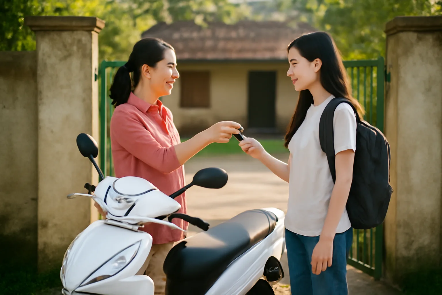 Người mẹ trao chìa khoá xe máy cho con gái sinh viên trước cổng nhà ở quê