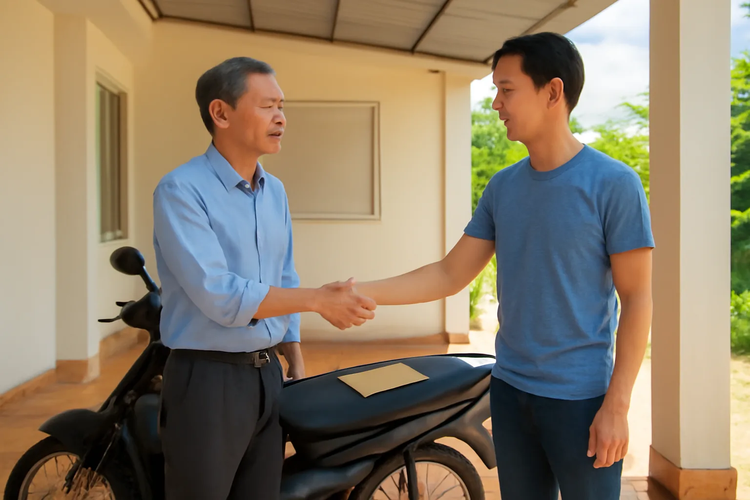 Hai người đàn ông trao đổi giấy tờ bên chiếc xe máy cũ trước hiên nhà