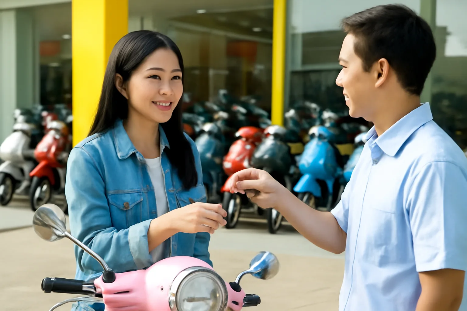 Cô gái trẻ nhận chìa khoá chiếc xe tay ga mới tại cửa hàng xe máy