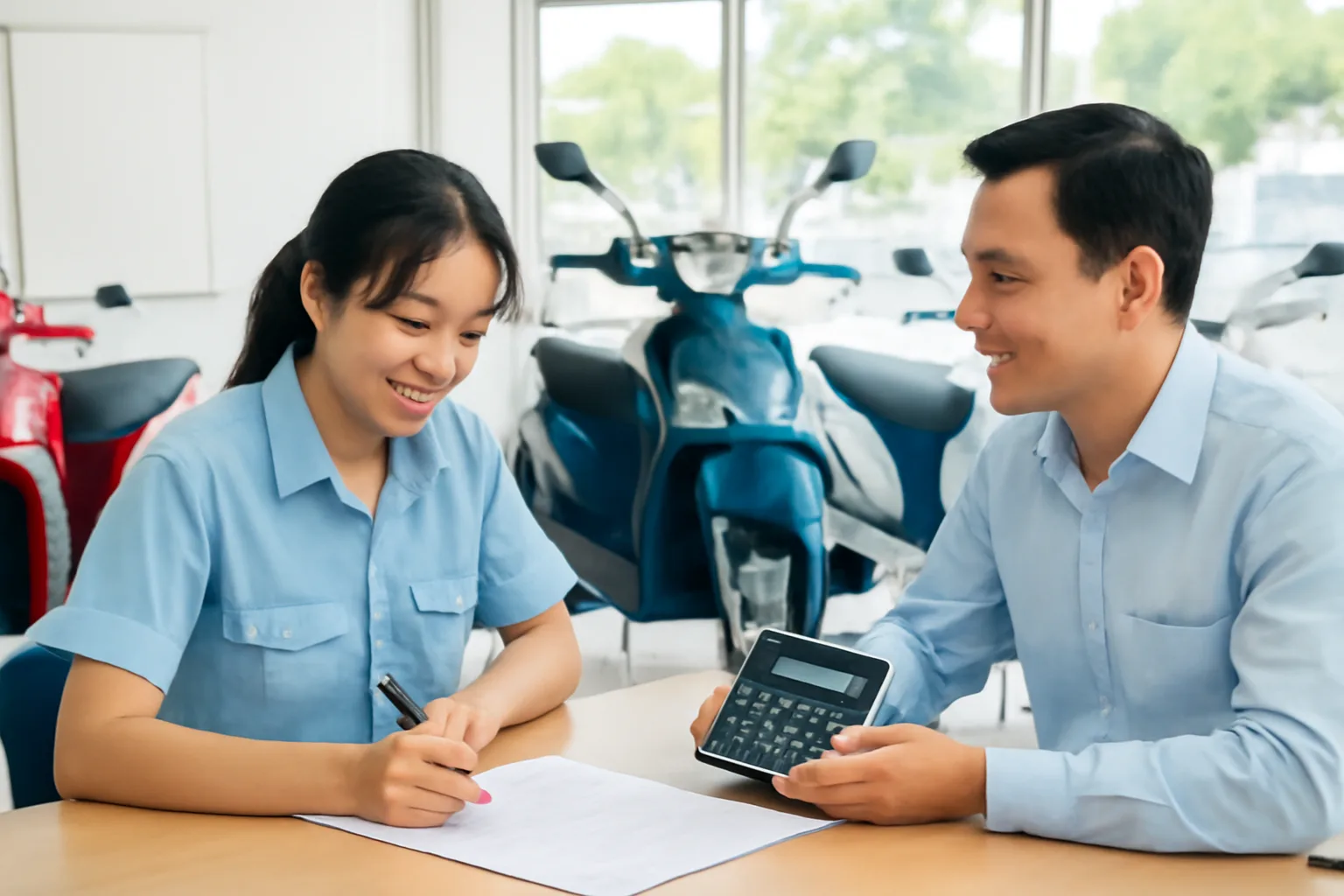 Cô gái trẻ ngồi ký hồ sơ vay mua xe máy tại quầy tư vấn của cửa hàng xe