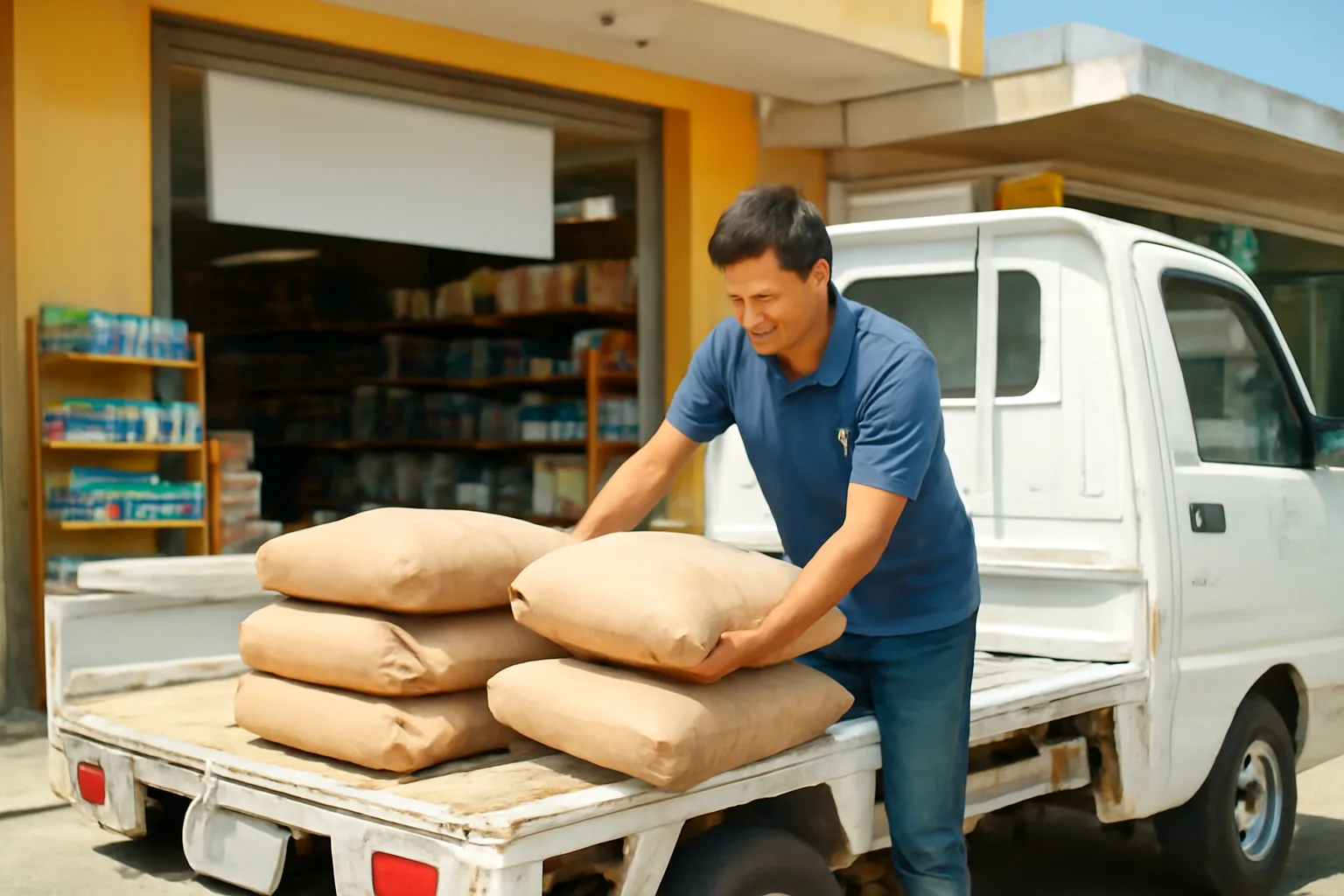 Chủ cửa hàng vật liệu xếp bao hàng lên thùng chiếc xe tải nhỏ trước cửa hàng