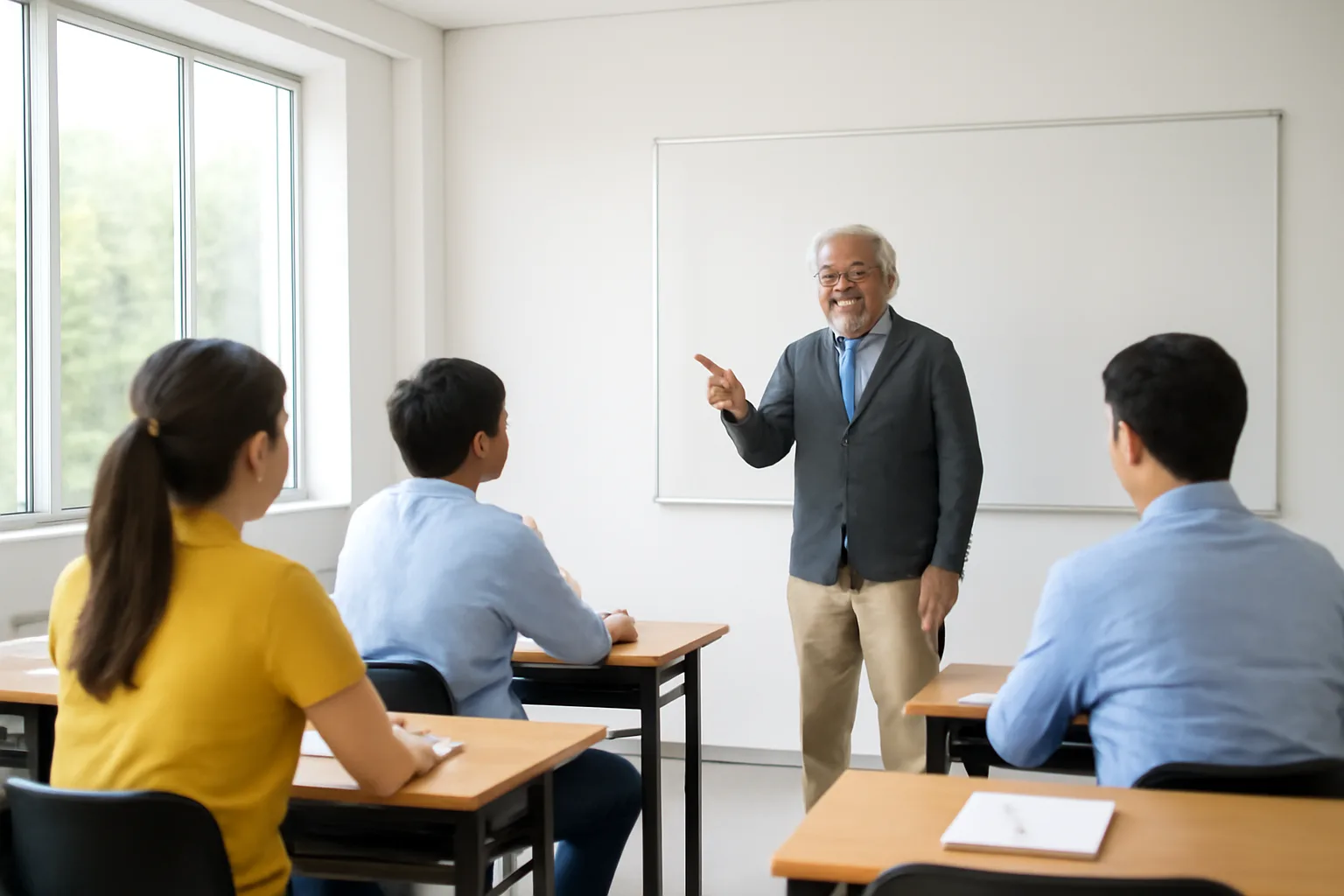 Giảng viên cao tuổi đứng lớp trước nhóm học viên trong phòng học sáng sủa