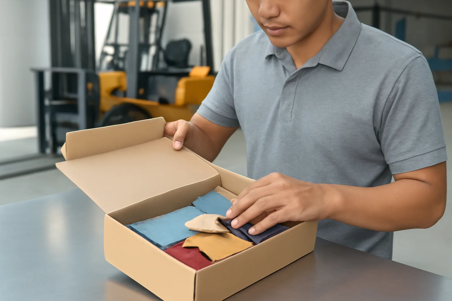 Nhân viên kho mở thùng các-tông chứa sản phẩm mẫu trên bàn thao tác