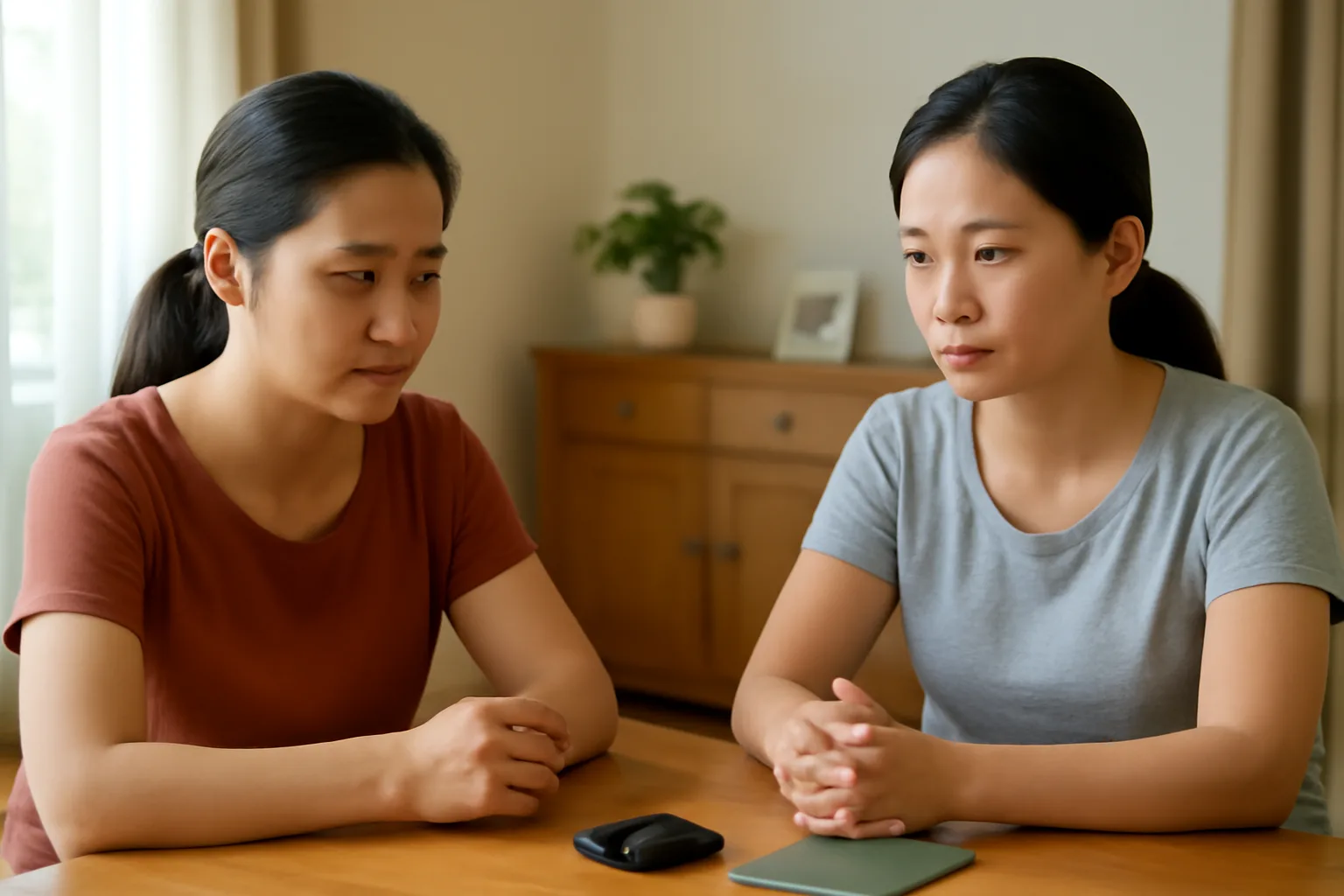 Hai chị em ngồi bên bàn gỗ trong nhà cha mẹ, trước mặt là chìa khoá xe và sổ tiết kiệm