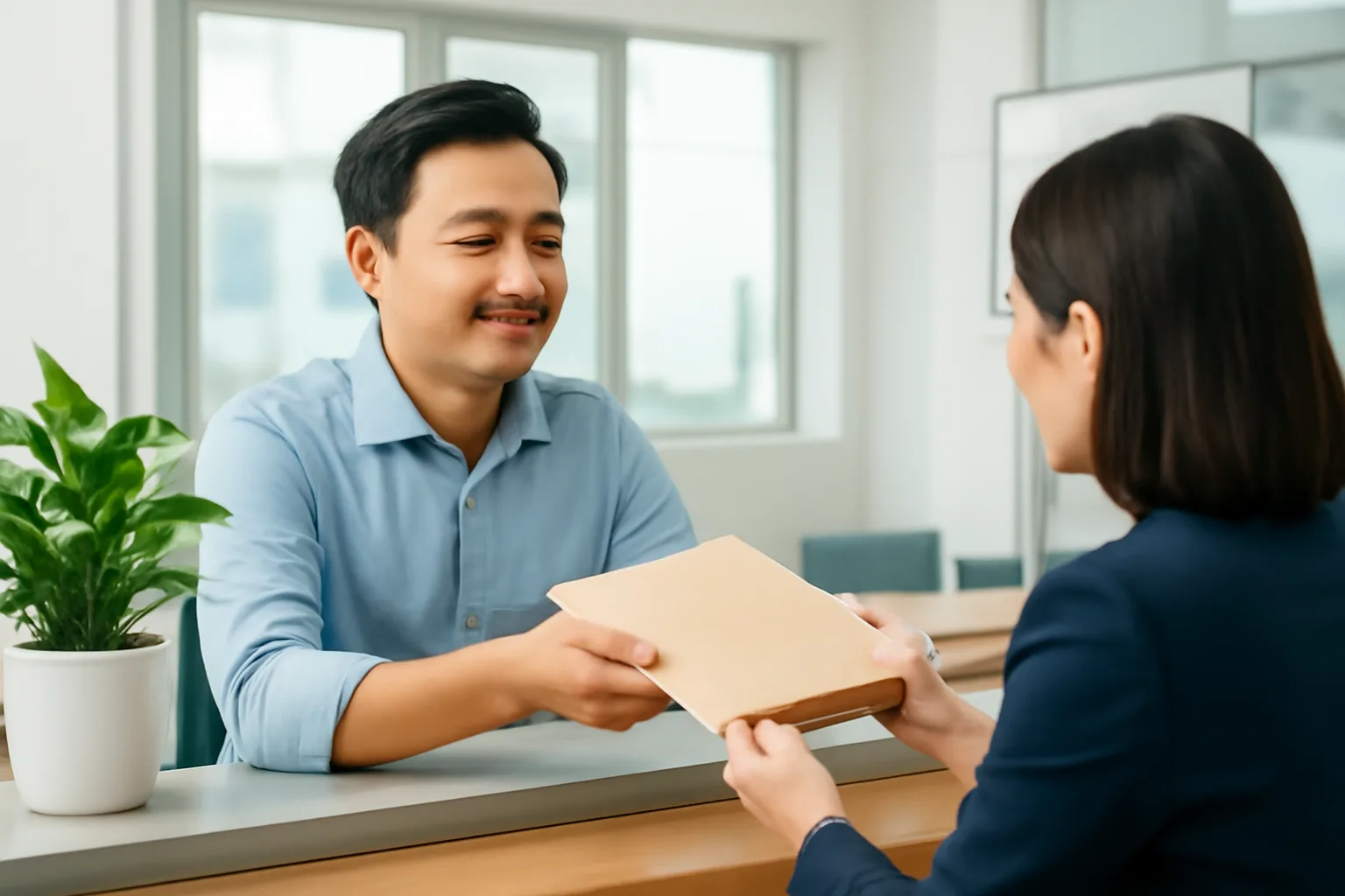 Người con trai ngồi làm thủ tục tại quầy công ty chứng khoán, trước mặt là tập hồ sơ gia đình