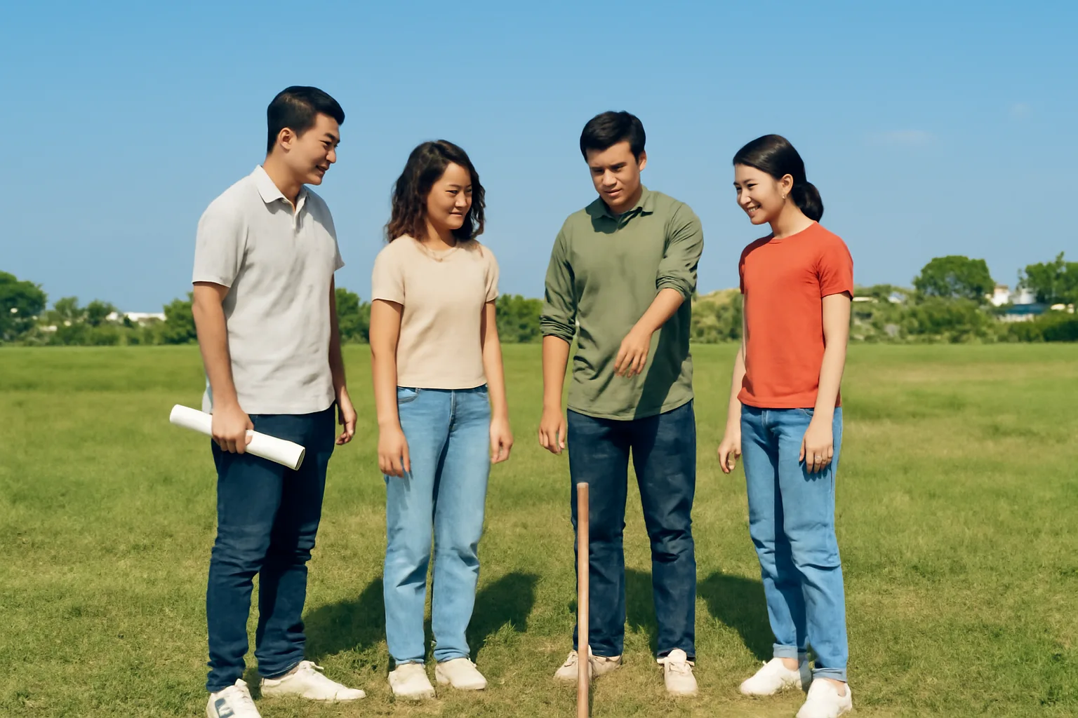 Bốn người bạn đứng trên lô đất trống bàn chuyện góp vốn mua chung