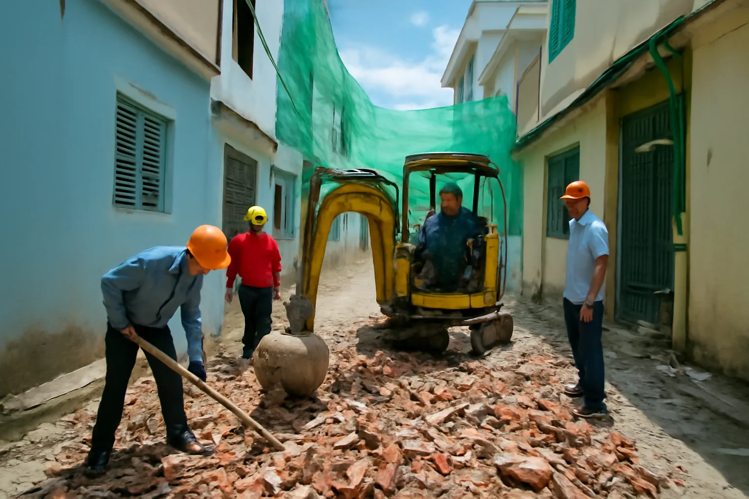 Thợ dùng máy xúc nhỏ dọn gạch vụn trên nền nhà cũ vừa phá trong hẻm