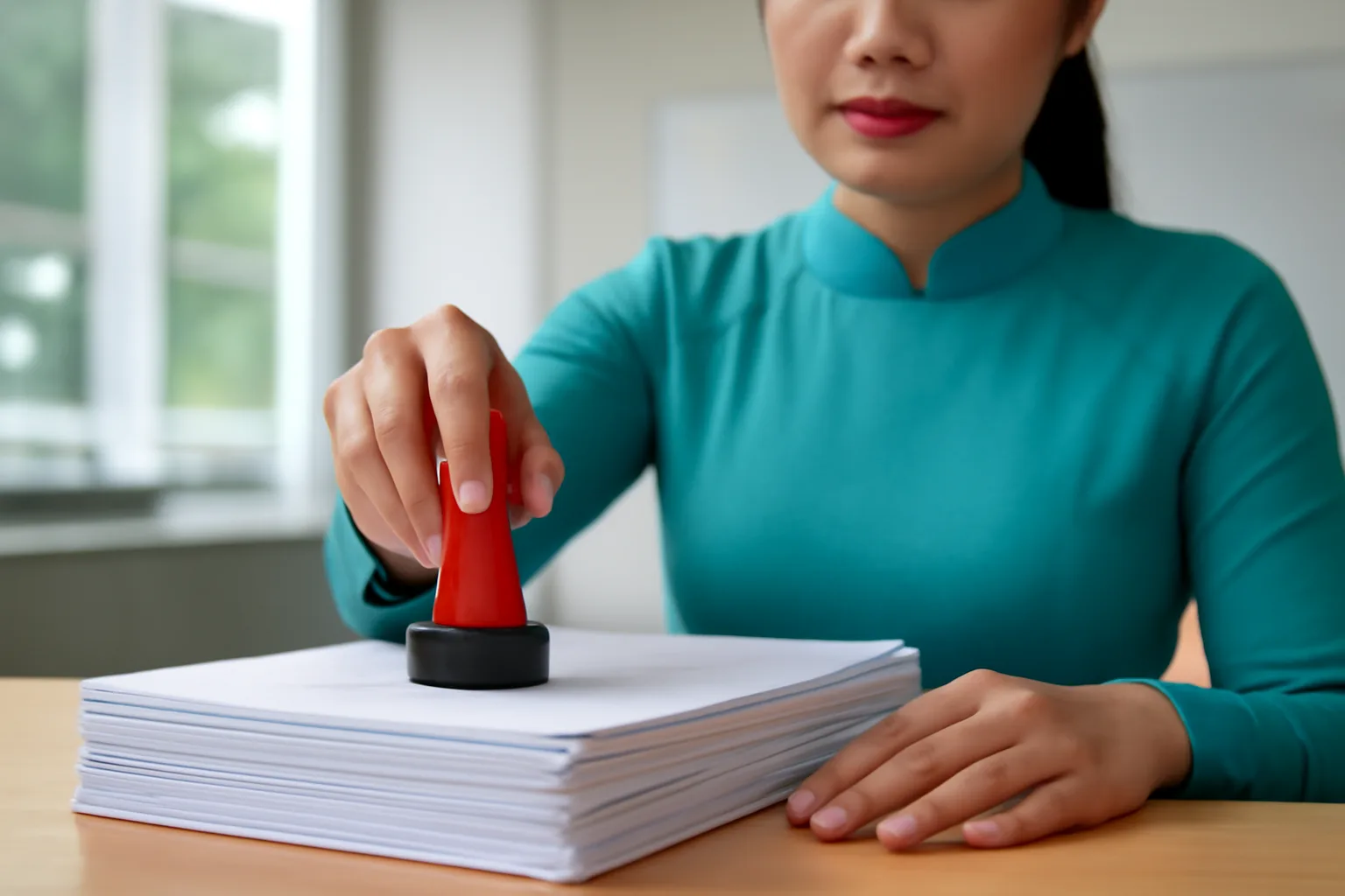 Nhân viên văn phòng công chứng đóng dấu lên xấp hợp đồng trên quầy tiếp nhận
